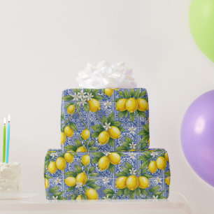 Lemon Blue French Country Watercolor Tile Wrapping Paper