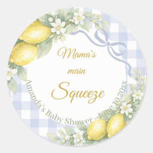 Lemon blue gingham mama's main squeeze Baby Shower Classic Round Sticker