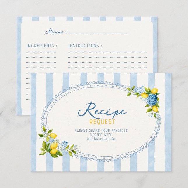 lemon blue hydrangea bridal shower Recipe Request Enclosure Card (Front/Back)