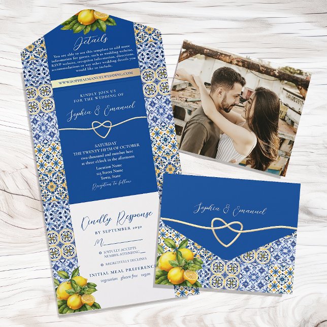 Lemon Blue Italian Tile Wedding All In One Invitation (Creator Uploaded)