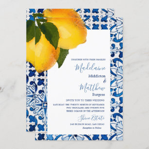 Lemon Blue Mediterranean Tile Chic Stylish Wedding Invitation