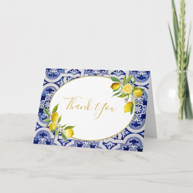 Lemon blue Spanish tile note card (Front)