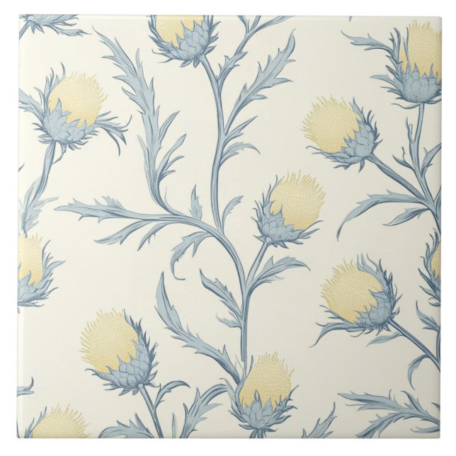 Lemon Blue Thistle Floral Flower Pattern Ceramic Tile (Front)