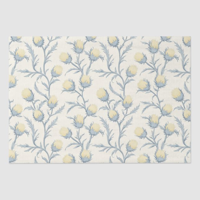 Lemon Blue Thistle Floral Flower Pattern Tissue Paper (Front)
