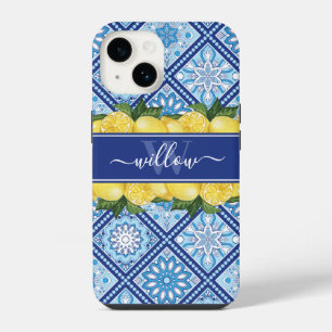 Lemon Blue Tile Backsplash Monogram iPhone 14 Case