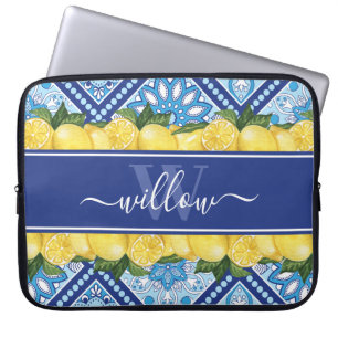 Lemon Blue Tile Backsplash Monogram Laptop Sleeve