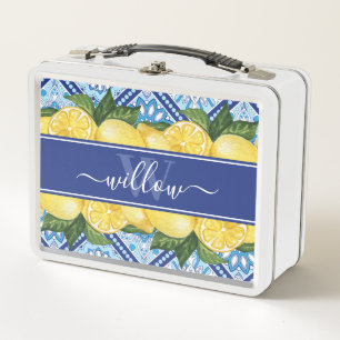 Lemon Blue Tile Backsplash Monogram Metal Lunch Box