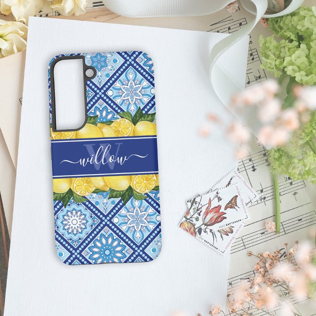 Lemon Blue Tile Backsplash Monogram Samsung Galaxy S22 Case (Creator Uploaded)