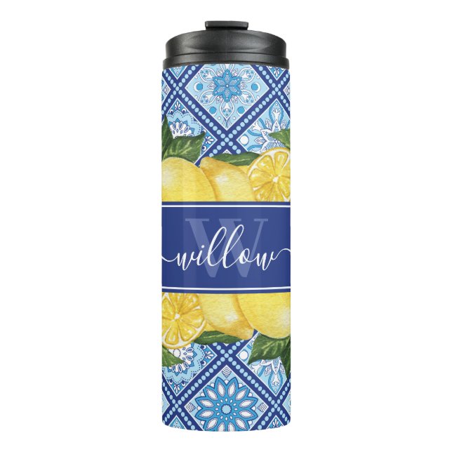 Lemon Blue Tile Backsplash Monogram Thermal Tumbler (Front)