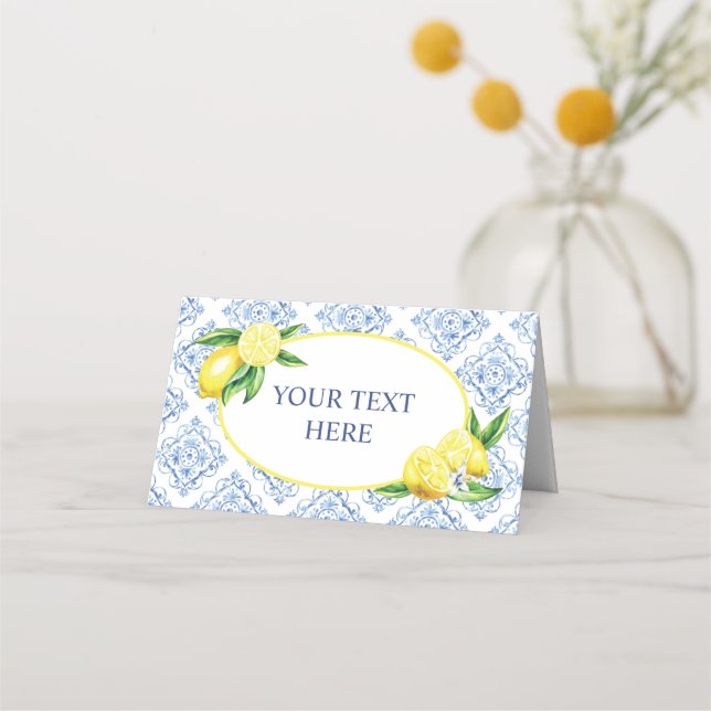 Lemon Blue Tile Italian Place Card (Front)