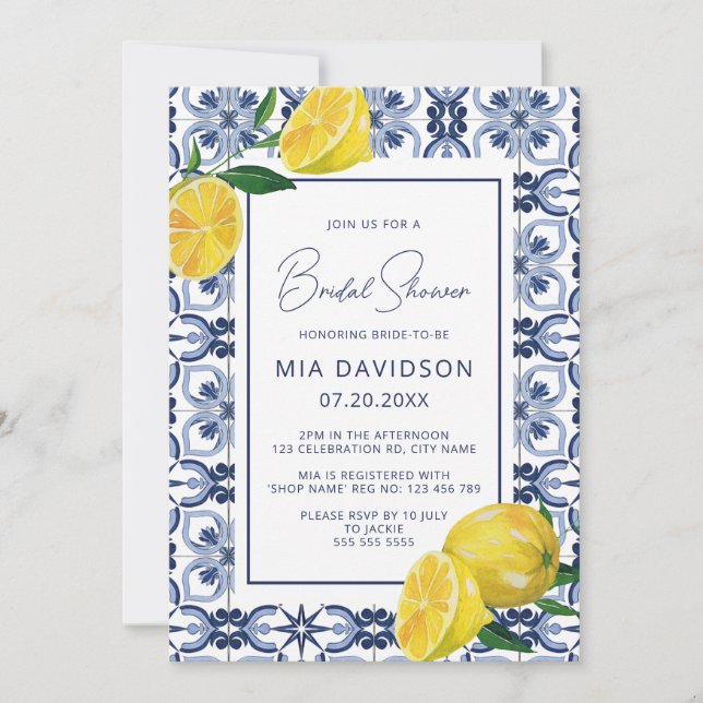 Lemon & Blue Tile Summer Bridal Shower Invitation (Front)
