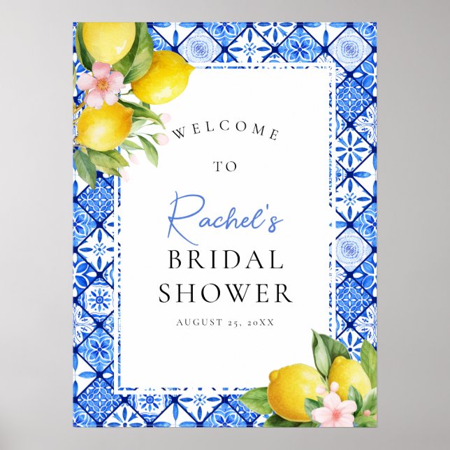 Lemon Blue Tiles Floral Bridal Shower Welcome Poster (Front)