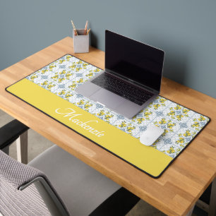 Lemon Blue Watercolor French Country Name Monogram Desk Mat