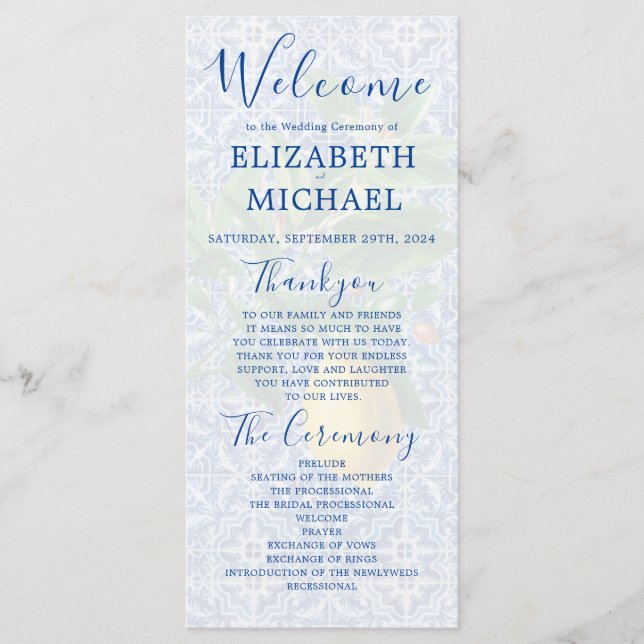 Lemon Blue White Tile Elegant  Wedding Program (Front)