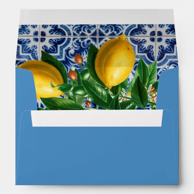 Lemon Blue White Tile Monogram Wedding envelope (Back (Bottom))