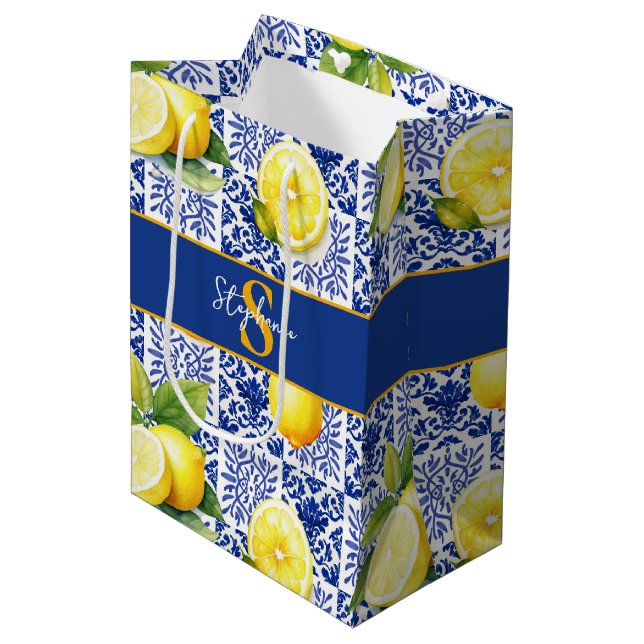 Lemon Blue White Tile Pattern Name Monogram Citrus Medium Gift Bag (Front Angled)