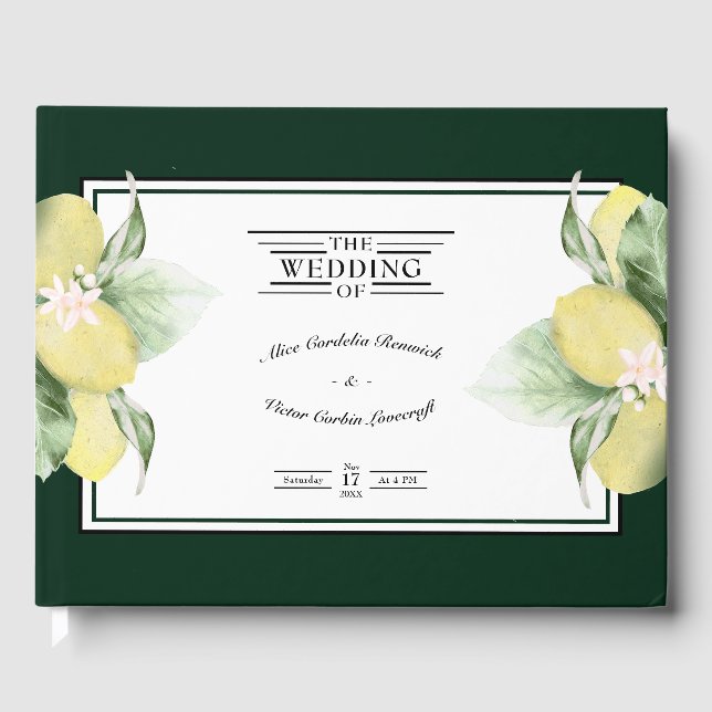 Lemon Border Emerald Green Wedding Guest Book (Front)