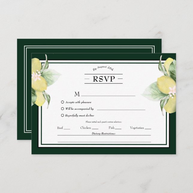Lemon Border Floral Emerald Green Menu Choice RSVP (Front/Back)