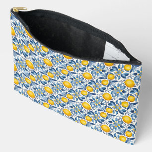 Lemon Botanical Blue and Yellow Summer Print Accessory Pouch