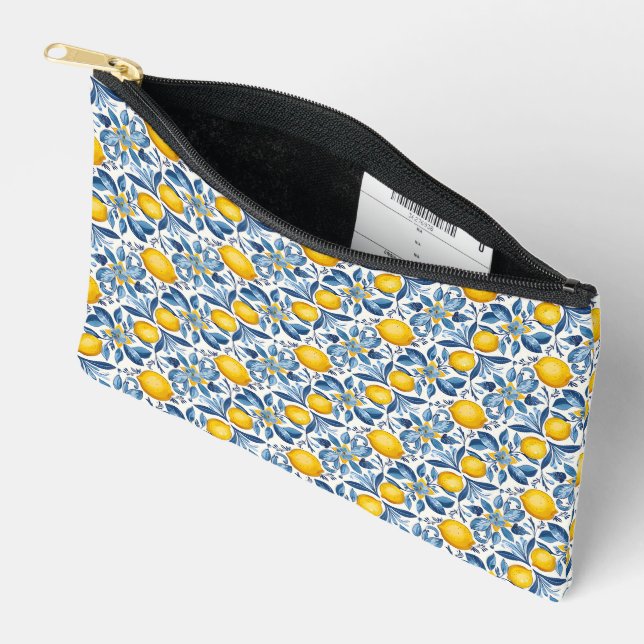 Lemon Botanical Blue and Yellow Summer Print Accessory Pouch (Open)