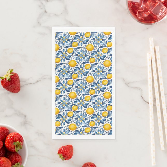 Lemon Botanical Blue and Yellow Summer Print Napkin (Insitu)