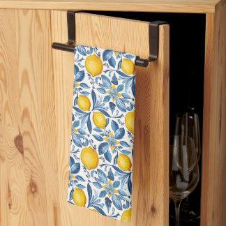 Lemon Botanical Blue and Yellow Summer Print Tea Towel