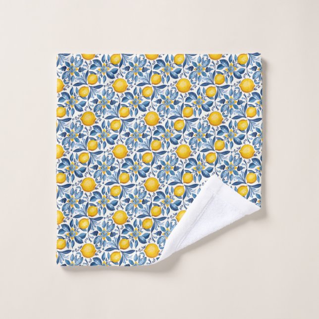 Lemon Botanical Blue and Yellow Summer Print Wash Cloth (Wash Cloth)