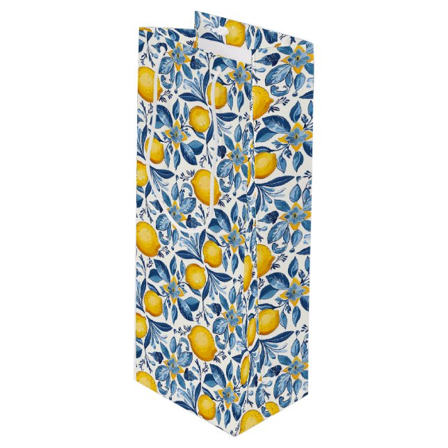 Lemon Botanical Blue and Yellow Summer Print Wine Gift Bag (Front Angled)