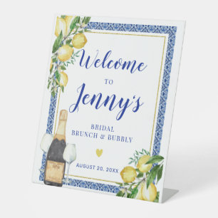 Lemon Botanical Blue Tile Brunch Bubbly Welcome Pedestal Sign