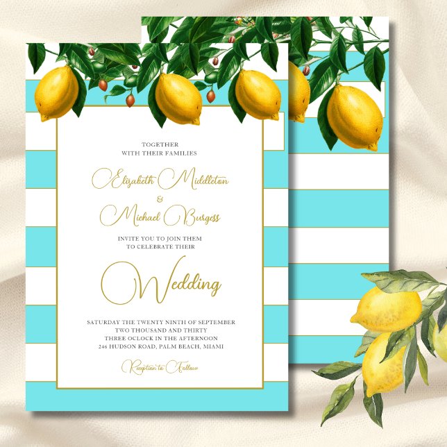 Lemon Botanical Blue White Stripe  Wedding  Invitation (Creator Uploaded)