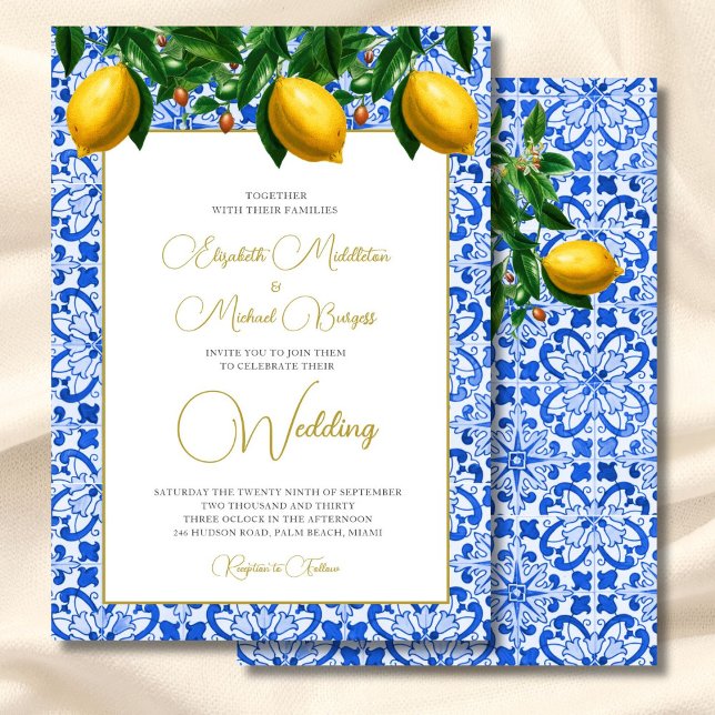 Lemon Botanical Italian Blue Tile Wedding  Invitation (Creator Uploaded)
