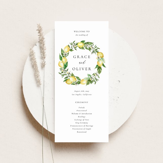 Lemon Botanical Wreath with Greenery Wedding Program (Customizable Wedding Program Fan with Watercolor Lemons, Blossoms & Greenery Wreath)