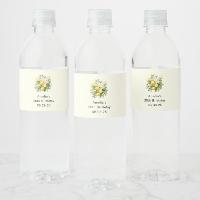 Lemon Bouquet with White Blossoms Birthday Water Bottle Label (Bottles)