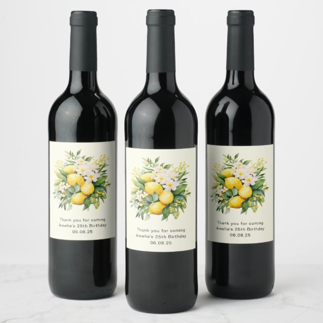 Lemon Bouquet with White Blossoms Birthday Wine Label (Bottles)