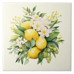 Lemon Bouquet with White Blossoms Ceramic Tile