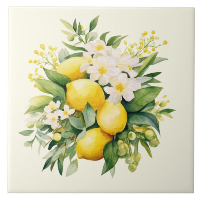 Lemon Bouquet with White Blossoms Ceramic Tile (Front)
