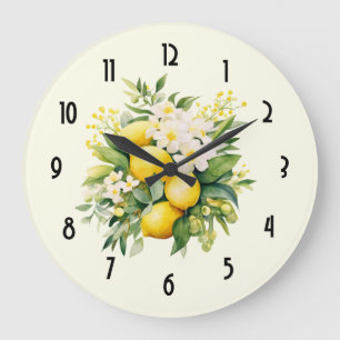 Lemon Bouquet with White Blossoms Large Clock