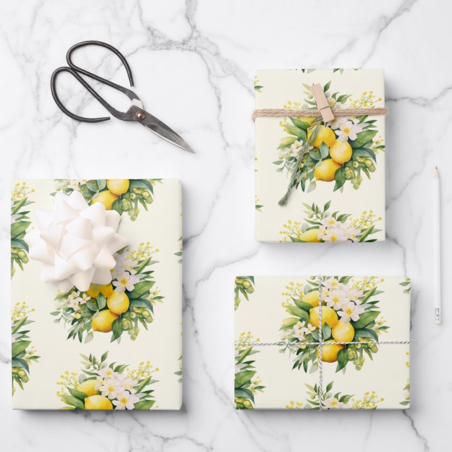 Lemon Bouquet with White Blossoms Pattern Wrapping Paper Sheet (Front)