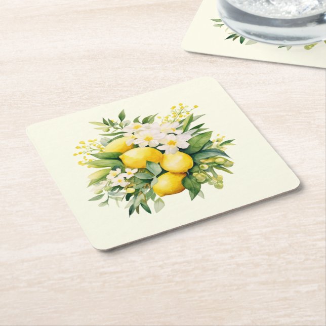Lemon Bouquet with White Blossoms Square Paper Coaster (Angled)