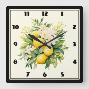 Lemon Bouquet with White Blossoms Square Wall Clock