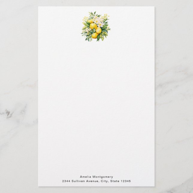 Lemon Bouquet with White Blossoms Stationery (Front)
