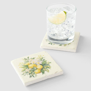 Lemon Bouquet with White Blossoms Stone Coaster
