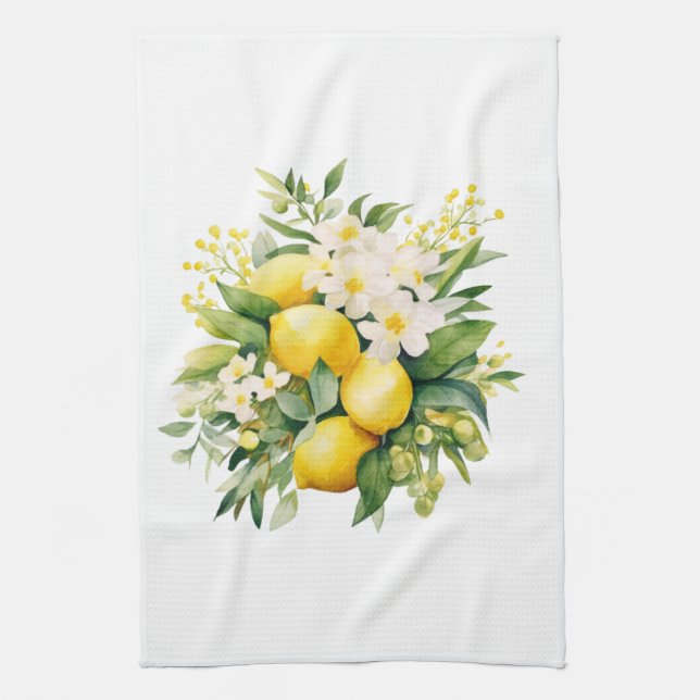 Lemon Bouquet with White Blossoms Tea Towel (Vertical)