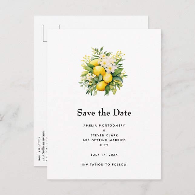 Lemon Bouquet with White Blossoms Wedding Announcement Postcard (Front/Back)