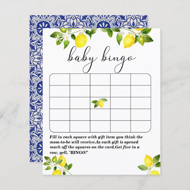 Lemon branch and blue mosaic baby shower bingo gam (Front/Back)
