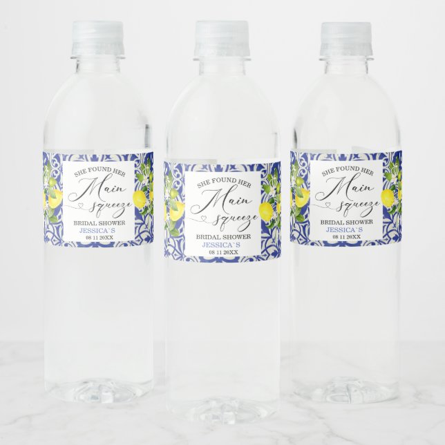Lemon branch and blue mosaic bridal shower Water B Bottle Label (Bottles)