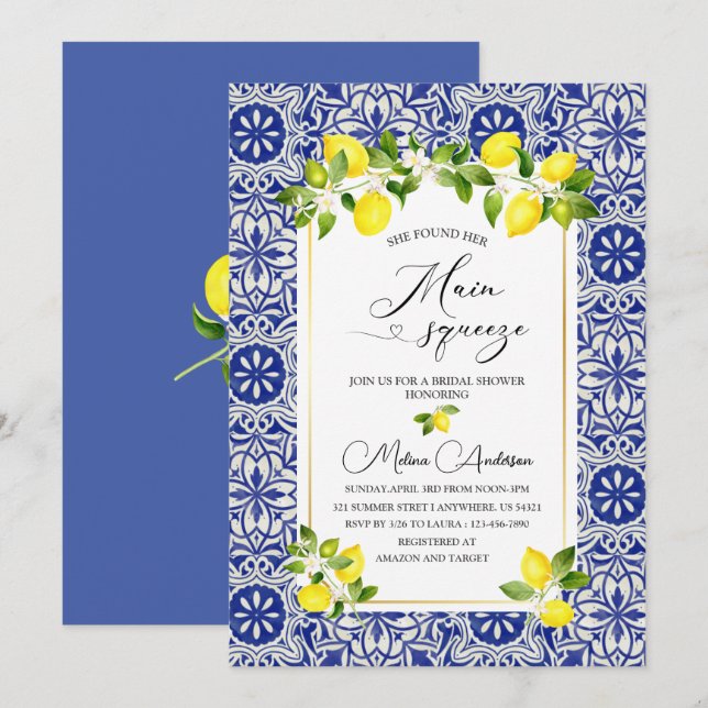 Lemon branch and blue mosaic watercolor bridal sho invitation (Front/Back)