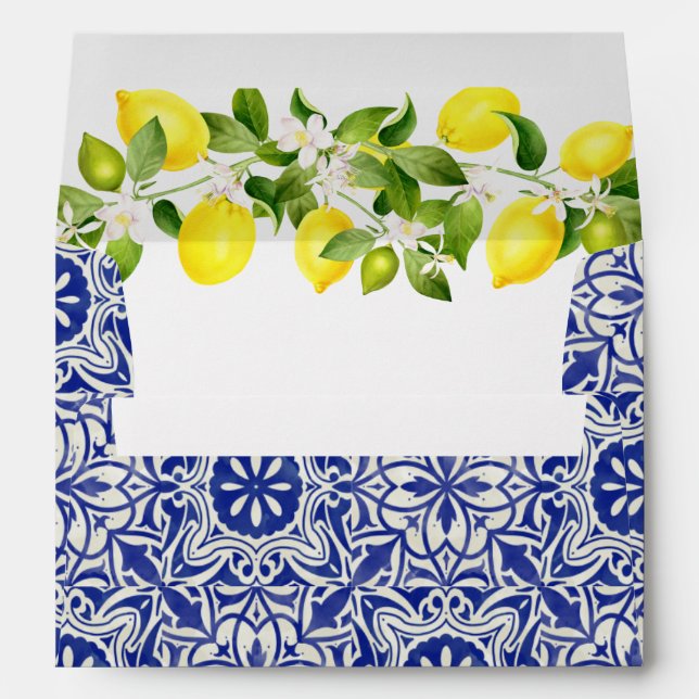 Lemon branch and blue mosaic wedding envelope (Back (Bottom))
