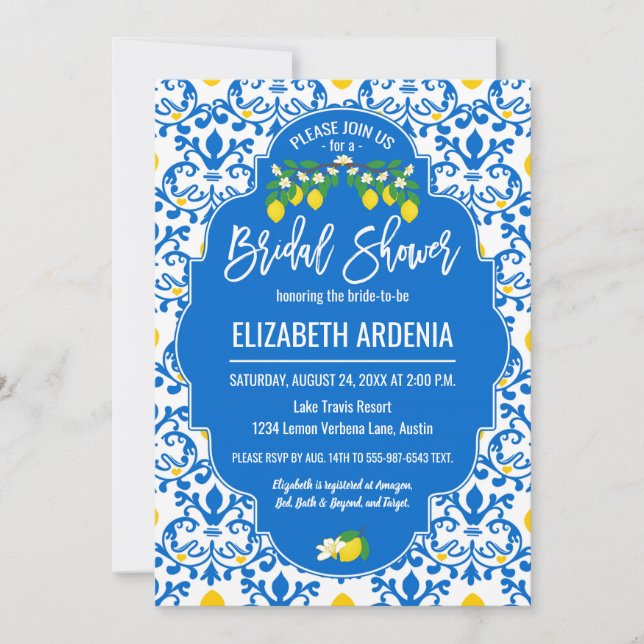Lemon Branch Yellow Blue Bridal Shower Invitation (Front)