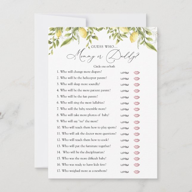 Lemon Branches Baby Guess Who Shower Game Card (Front)